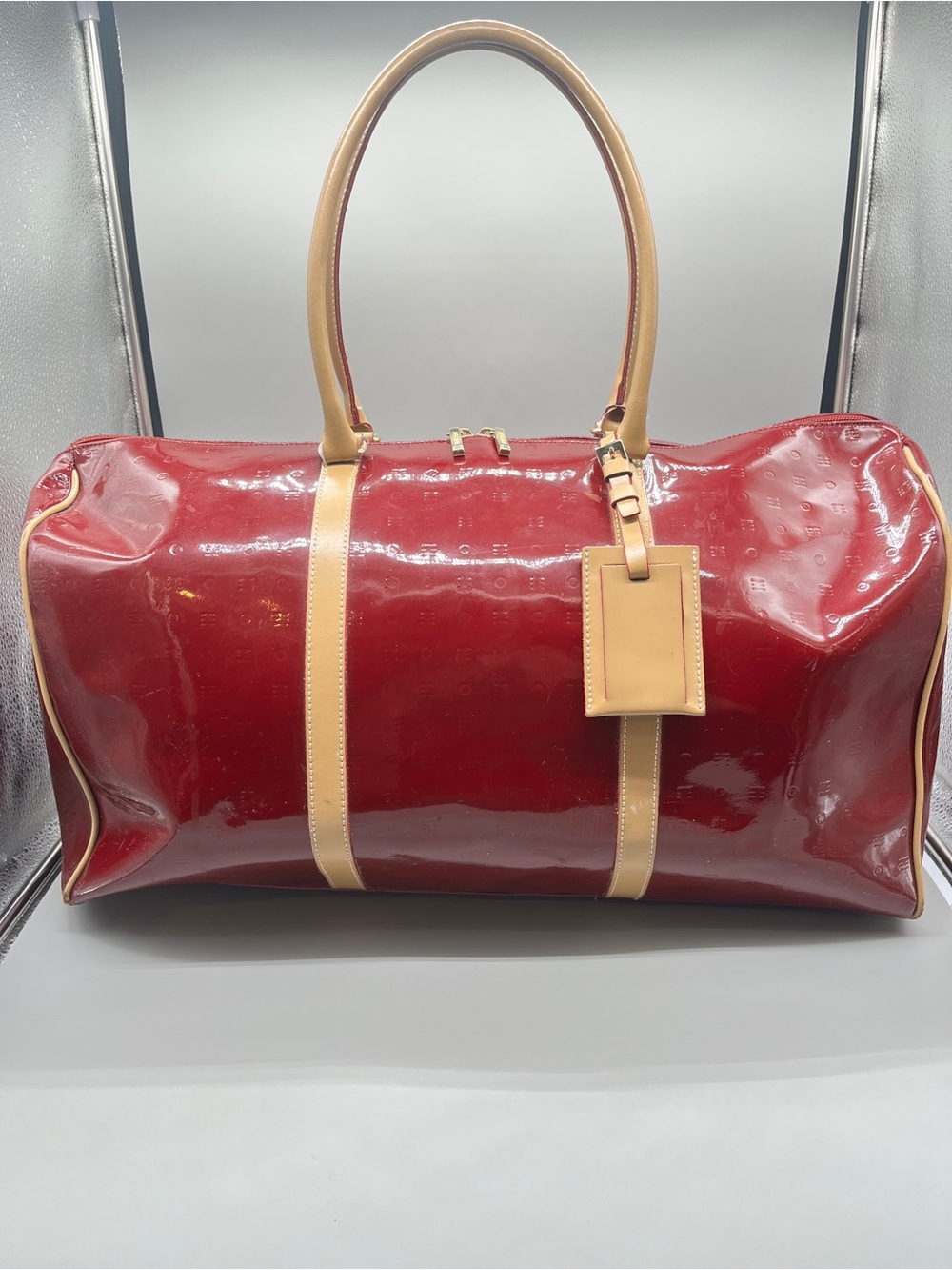 Arcadia classic red embossed patent leather Gateway XL Weekender bag. Italian.